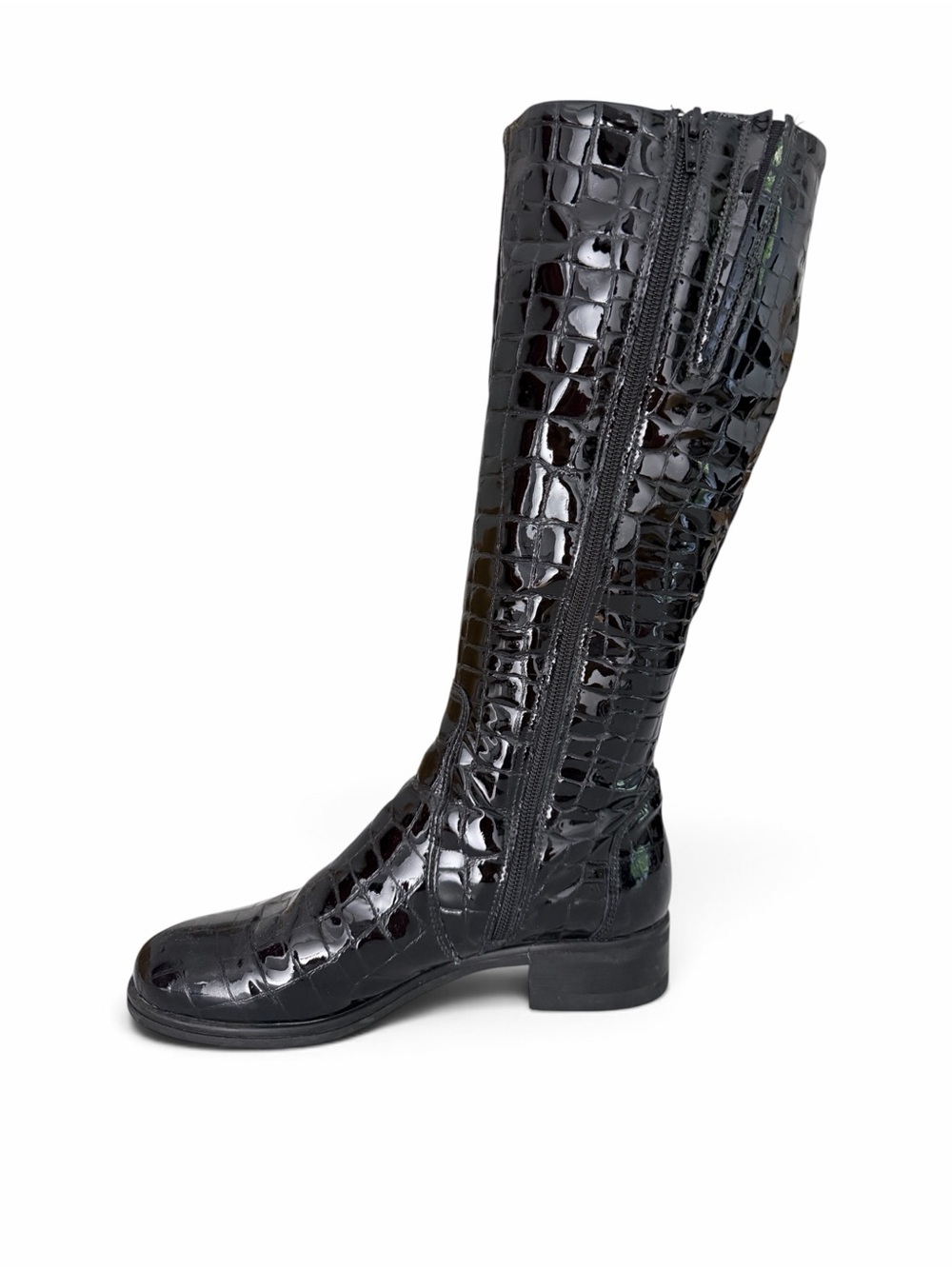 LA CANADIENNE Black Croc Embossed Patent Leather Knee High Boots size 7 M